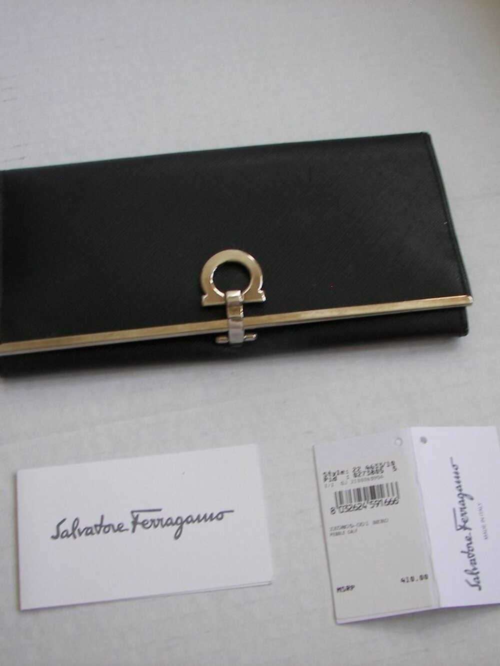 Salvatore Ferragamo black leather silver-toned long wallet with box and tags